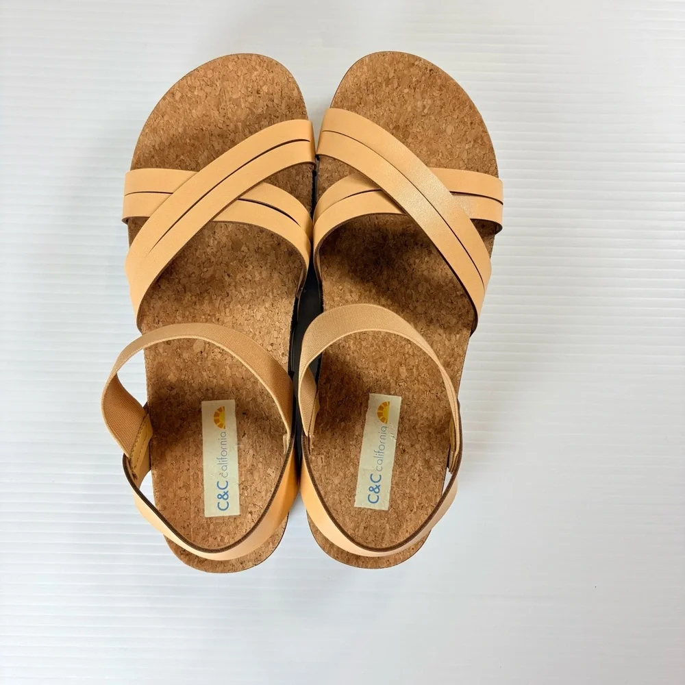 C&C California Platform Cork Sandals Tan Strappy Comfort Sandals Sz10